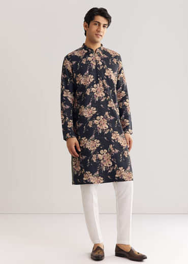 Black Pashmina Floral Kurta Set With Sequin And Beaded Embroidery