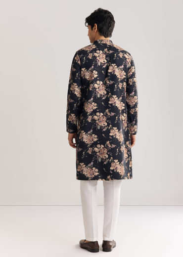 Black Pashmina Floral Kurta Set With Sequin And Beaded Embroidery