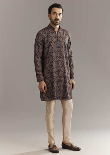 Black Pashmina Silk Kurta Set With Vine Prints