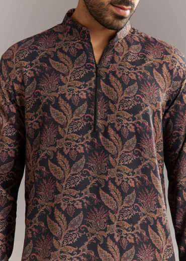 Black Pashmina Silk Kurta Set With Vine Prints
