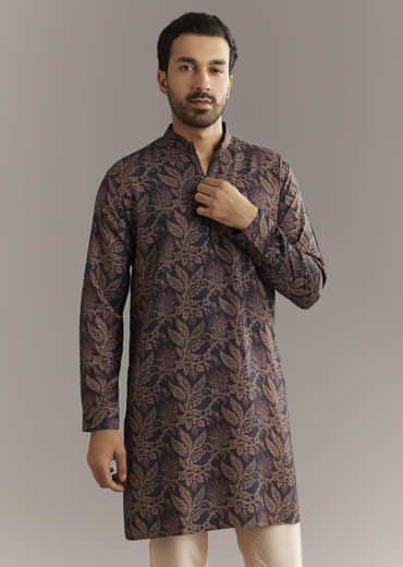 Black Pashmina Silk Kurta Set With Vine Prints
