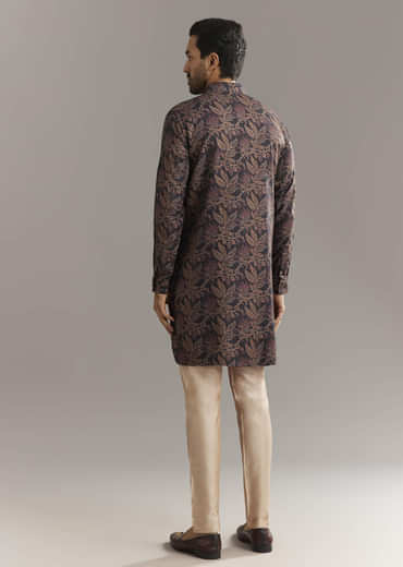 Black Pashmina Silk Kurta Set With Vine Prints