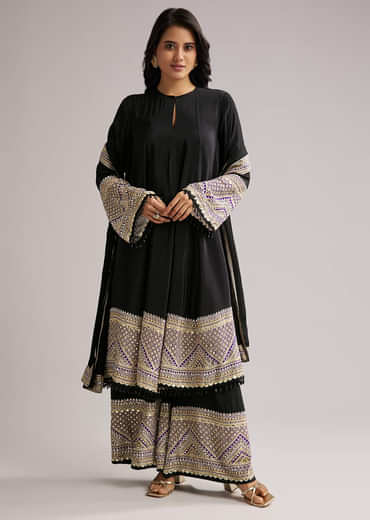 Black Printed Border Anarkali Set With Palazzo And Dupatta