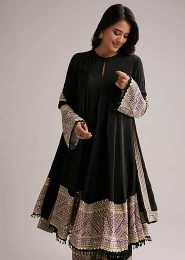 Black Printed Border Anarkali Set With Palazzo And Dupatta