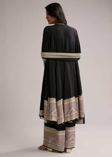 Black Printed Border Anarkali Set With Palazzo And Dupatta