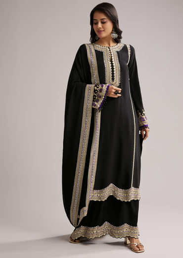 Black Printed Kurta Palazzo Set With Dupatta