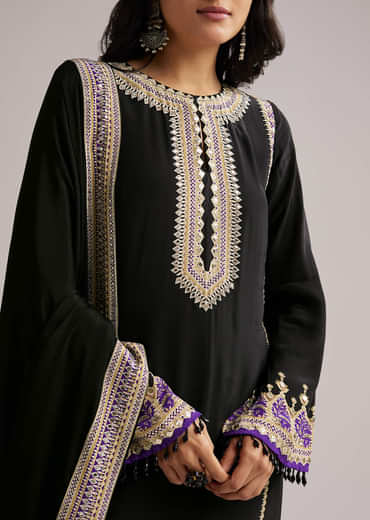Black Printed Kurta Palazzo Set With Dupatta
