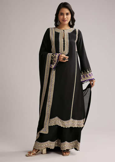 Black Printed Kurta Palazzo Set With Dupatta