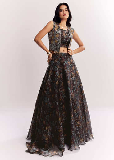 Black Printed Lehenga Choli With Mirror Work Jacket In Organza Tissue
