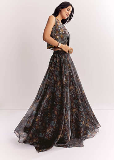 Black Printed Lehenga Choli With Mirror Work Jacket In Organza Tissue