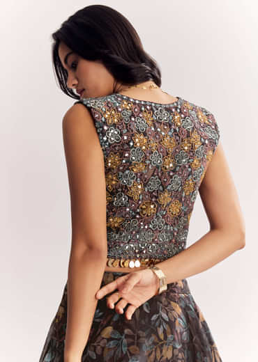 Black Printed Lehenga Choli With Mirror Work Jacket In Organza Tissue