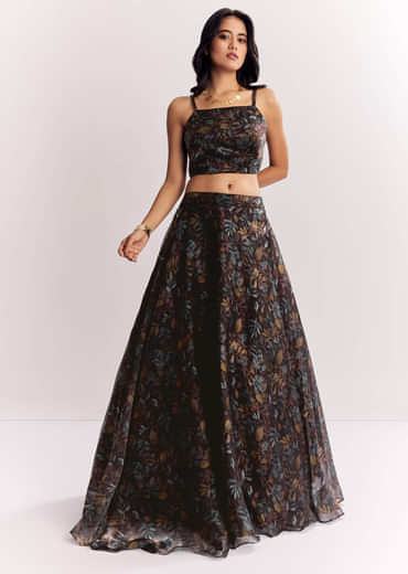 Black Printed Lehenga Choli With Mirror Work Jacket In Organza Tissue