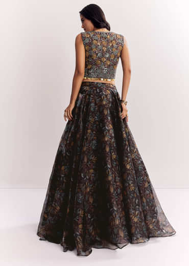 Black Printed Lehenga Choli With Mirror Work Jacket In Organza Tissue