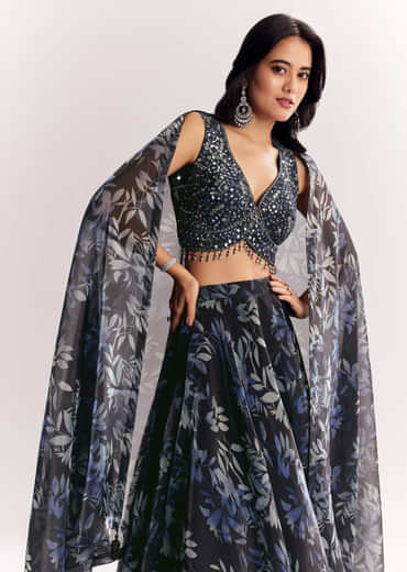 Black Printed Mirror Work Lehenga Choli Set In Organza Tissue