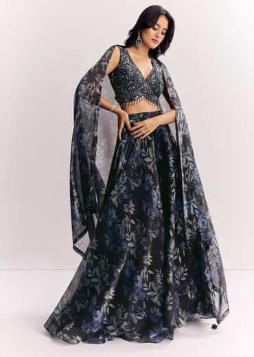 Black Printed Mirror Work Lehenga Choli Set In Organza Tissue
