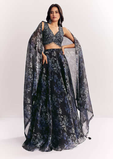 Black Printed Mirror Work Lehenga Choli Set In Organza Tissue