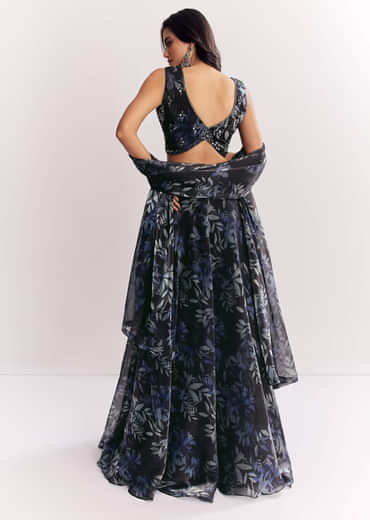 Black Printed Mirror Work Lehenga Choli Set In Organza Tissue