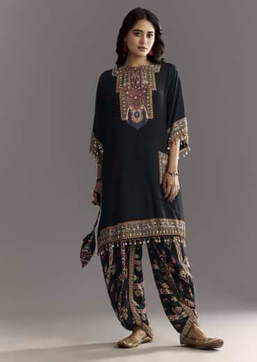 Black Printed Muslin Kurta Dhoti Set