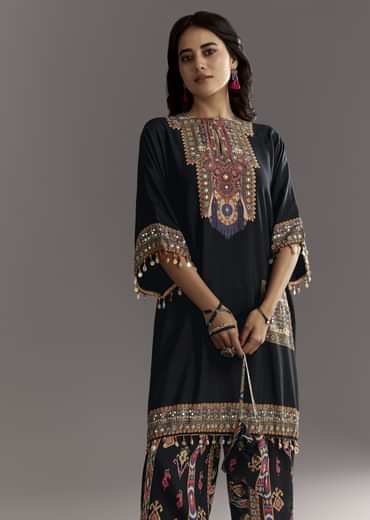 Black Printed Muslin Kurta Dhoti Set
