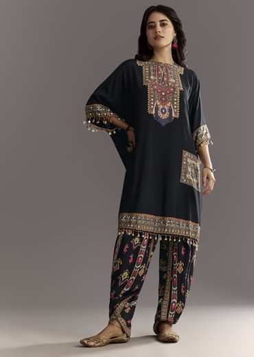 Black Printed Muslin Kurta Dhoti Set