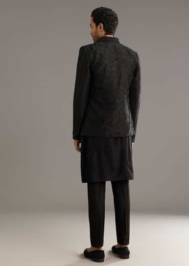 Black Raw Silk Indo Western Set With Beaded Work