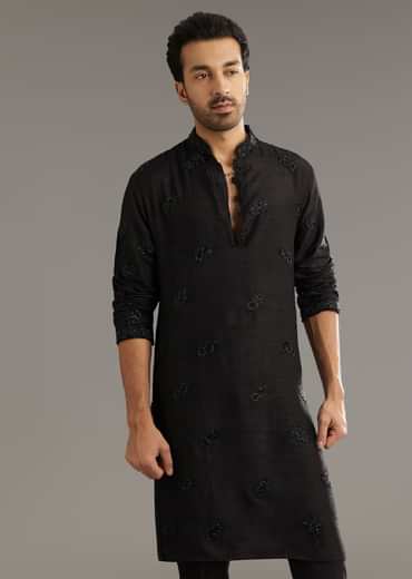Black Raw Silk Indo Western Set With Beaded Work