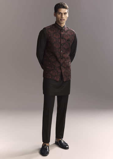 Black Rayon Kurta Jacket Set For Men With Intricate Resham Work
