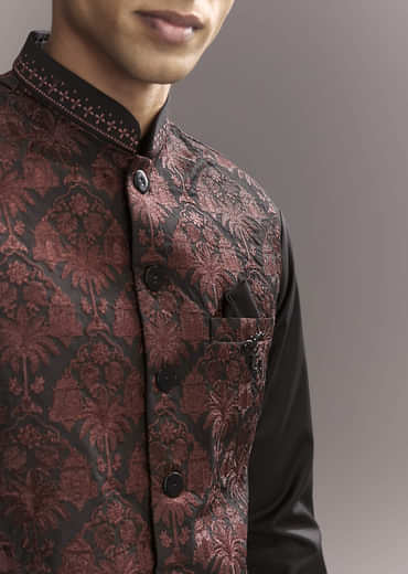 Black Rayon Kurta Jacket Set For Men With Intricate Resham Work