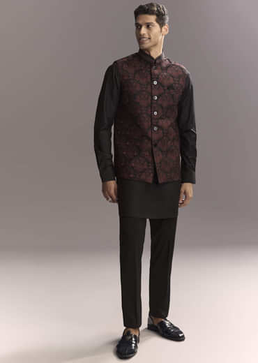 Black Rayon Kurta Jacket Set For Men With Intricate Resham Work