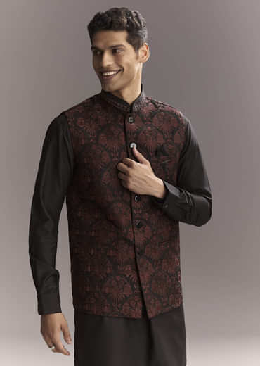 Black Rayon Kurta Jacket Set For Men With Intricate Resham Work