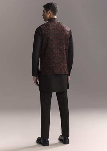 Black Rayon Kurta Jacket Set For Men With Intricate Resham Work