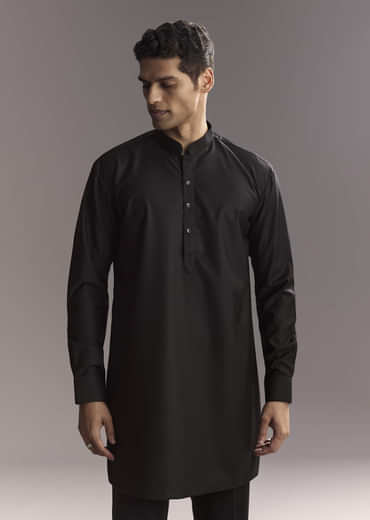 Black Rayon Kurta Jacket Set For Men With Intricate Resham Work