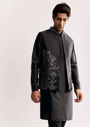 Black Rayon Kurta Jacket Set With Embroidery
