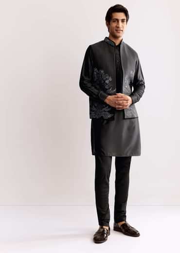 Black Rayon Kurta Jacket Set With Embroidery