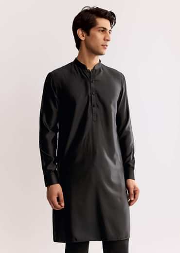 Black Rayon Kurta Jacket Set With Embroidery