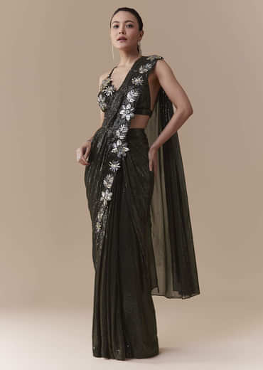 Black Ready Pleated Georgette Saree with Sequin Wor Blouse