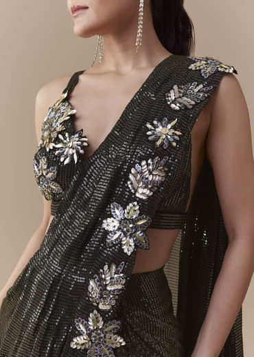 Black Ready Pleated Georgette Saree with Sequin Wor Blouse