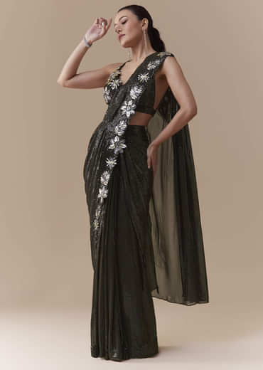 Black Ready Pleated Georgette Saree with Sequin Wor Blouse
