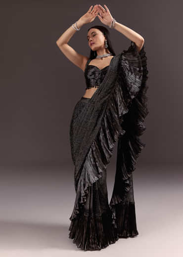 Black Ready Pleated Saree With Ruching Blouse And Frills
