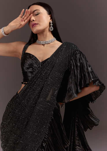 Black Ready Pleated Saree With Ruching Blouse And Frills