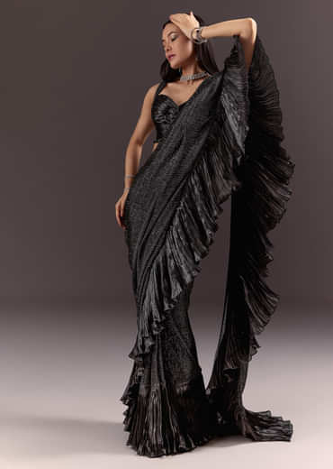 Black Ready Pleated Saree With Ruching Blouse And Frills