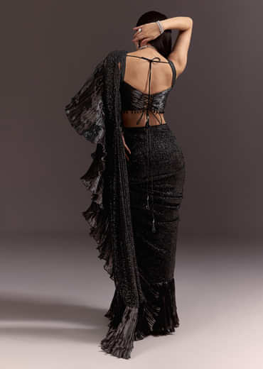 Black Ready Pleated Saree With Ruching Blouse And Frills