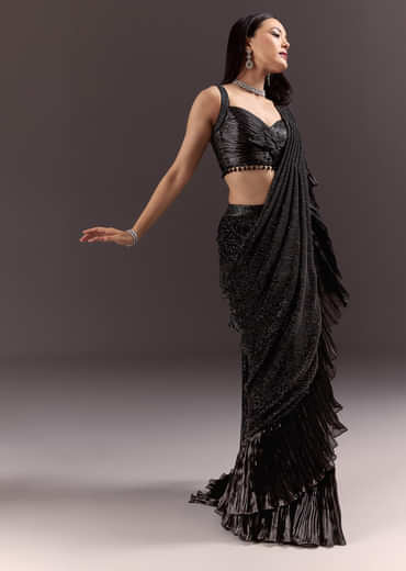 Black Ready Pleated Saree With Ruching Blouse And Frills