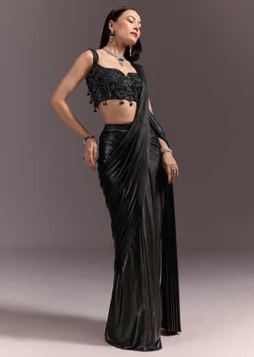 Black Ready To Drape Frill Saree With Ruching Blouse