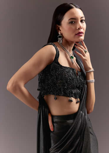 Black Ready To Drape Frill Saree With Ruching Blouse