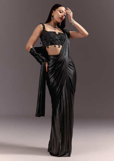 Black Ready To Drape Frill Saree With Ruching Blouse