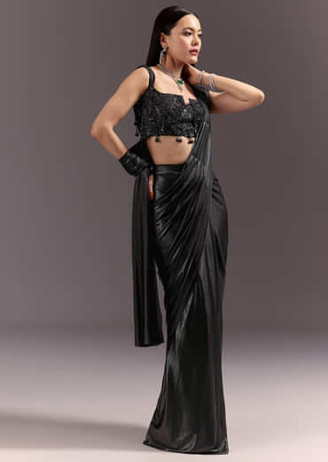 Black Ready To Drape Frill Saree With Ruching Blouse