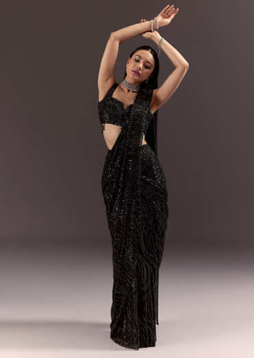 Black Ready To Wear Saree With 3D Patching And Fancy Neck Blouse