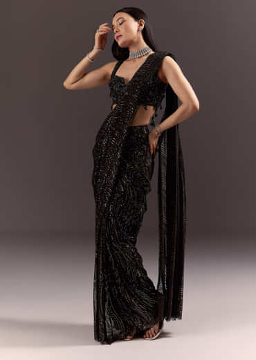 Black Ready To Wear Saree With 3D Patching And Fancy Neck Blouse