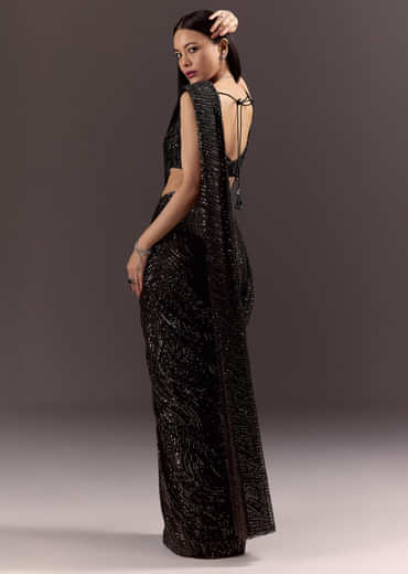Black Ready To Wear Saree With 3D Patching And Fancy Neck Blouse